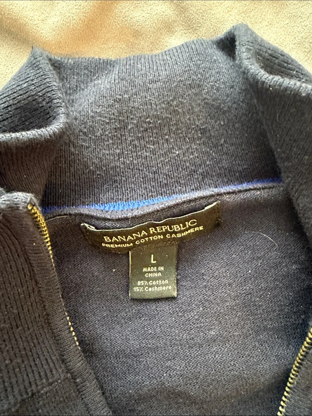Banana Republic Men's Navy Zip Mock Neck Sweater with Royal Blue Chest Stripe